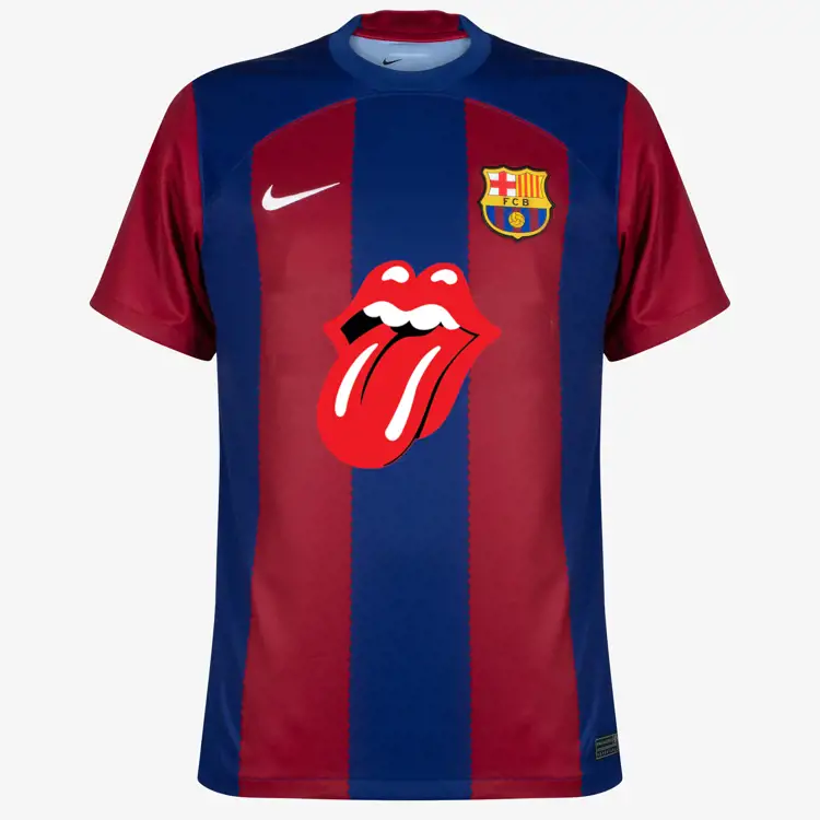 Logo Rolling Stones op FC Barcelona voetbalshirt tijdens El Clasico